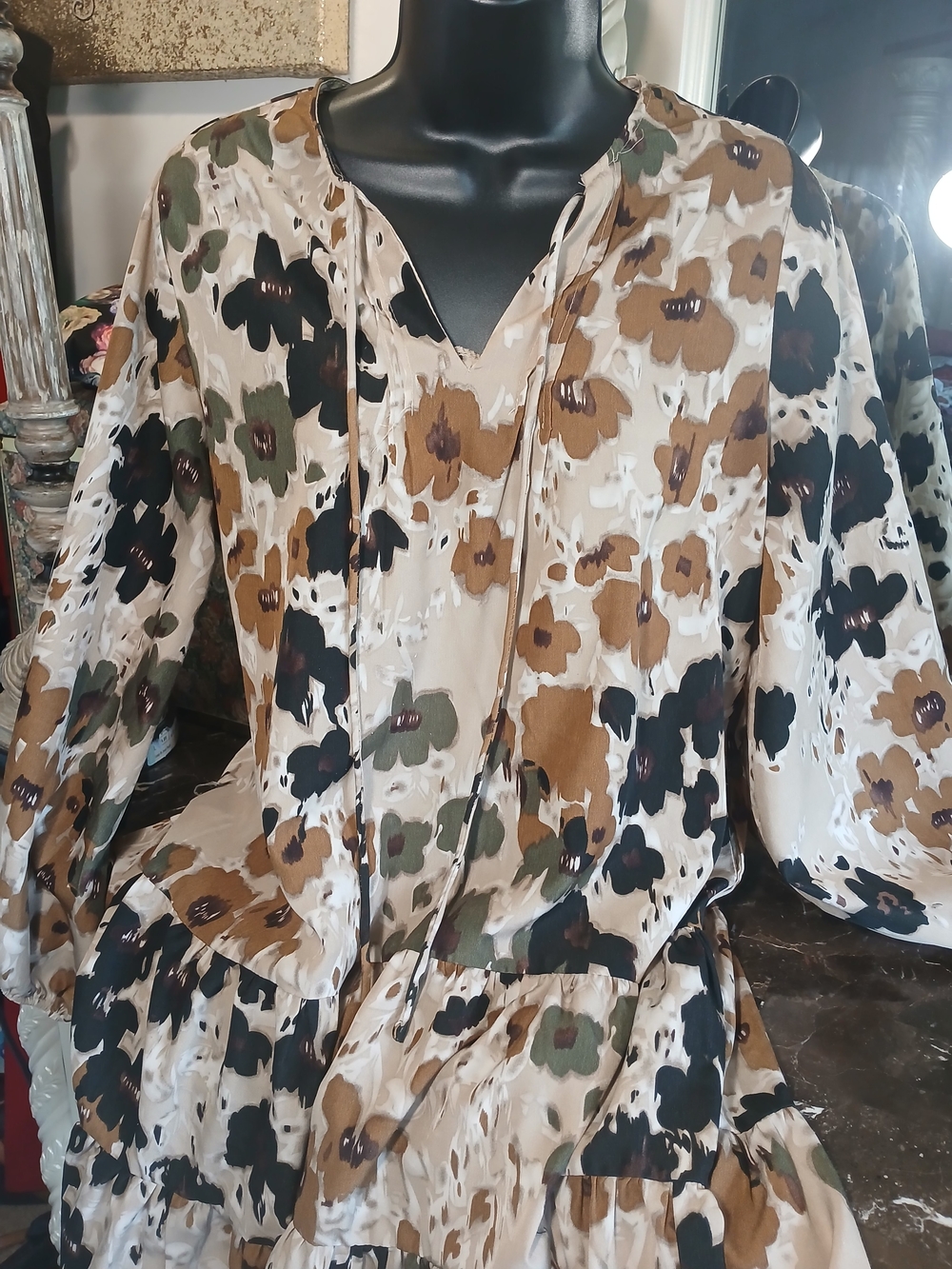 Boho Floral Tiered Long-Sleeve Dress in Beige, Olive & Black - Picture 2 of 12